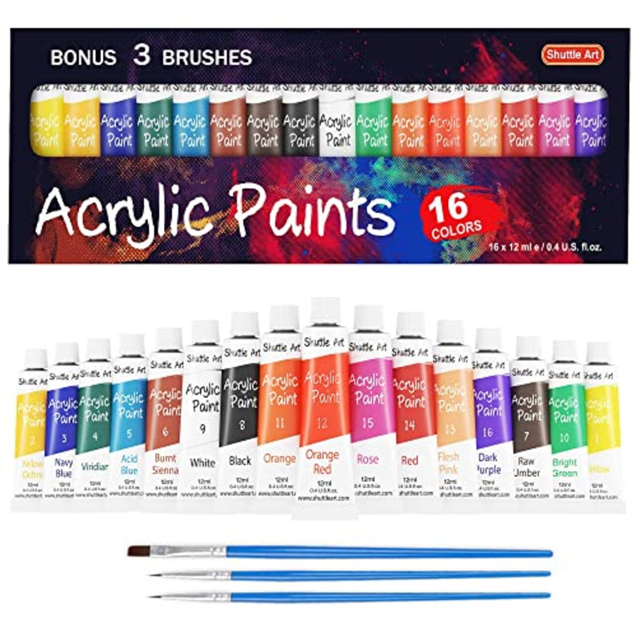 Shuttle Art Acrylic Paint Set, 16 x12ml Tubes Artist Quality Non Toxic Rich Pigments Colors Great for Kids Adults Professional Painting on Canvas Wood Clay Fabric Ceramic Crafts
